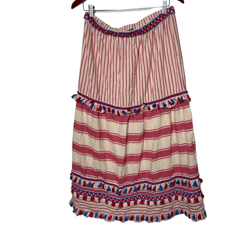 Dodo Bar Or Red and Cream Tiered Midi Skirt with Blue Tassel Trim 4th Of JULY